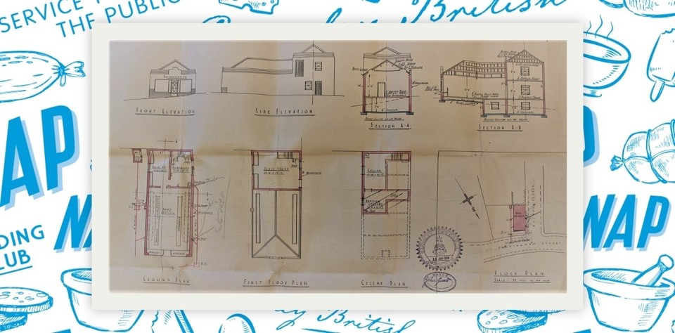 Showing block plan and sections of the building and a council approved stamp.